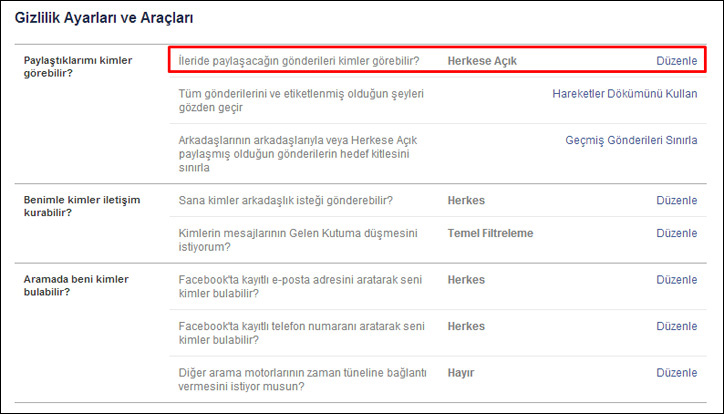 facebook gizlilik ayarları