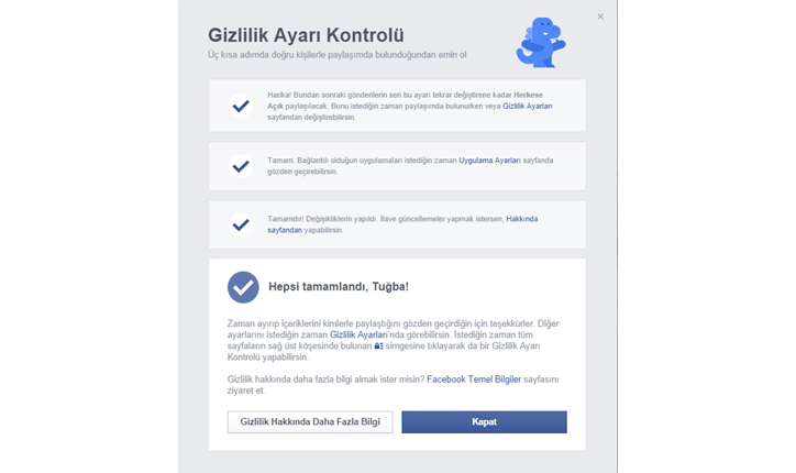 gizlilik ayarı tamamlandı